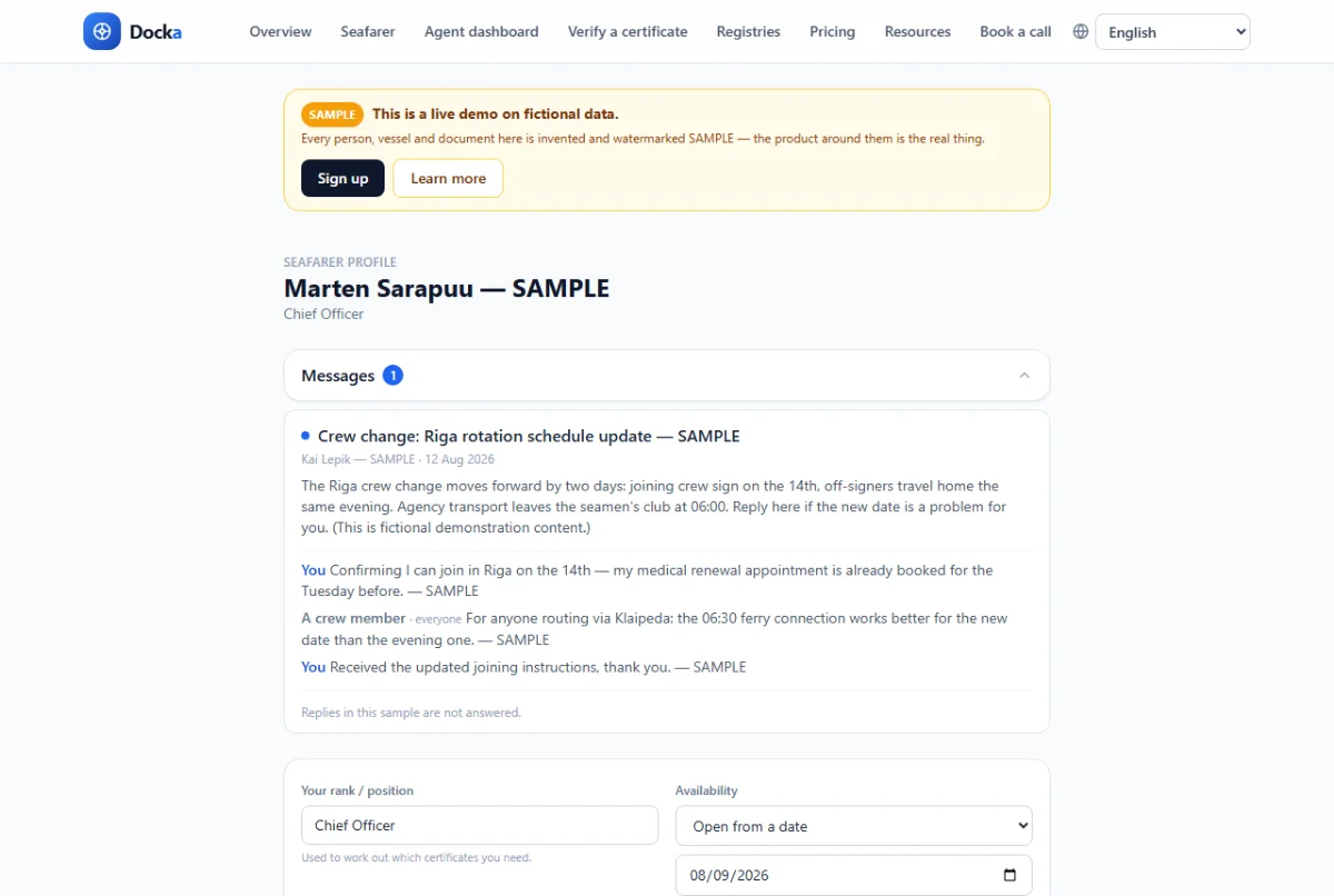A sample Docka seafarer profile showing a seafarer's maritime certificates and crew-change messages on fictional, watermarked demonstration data