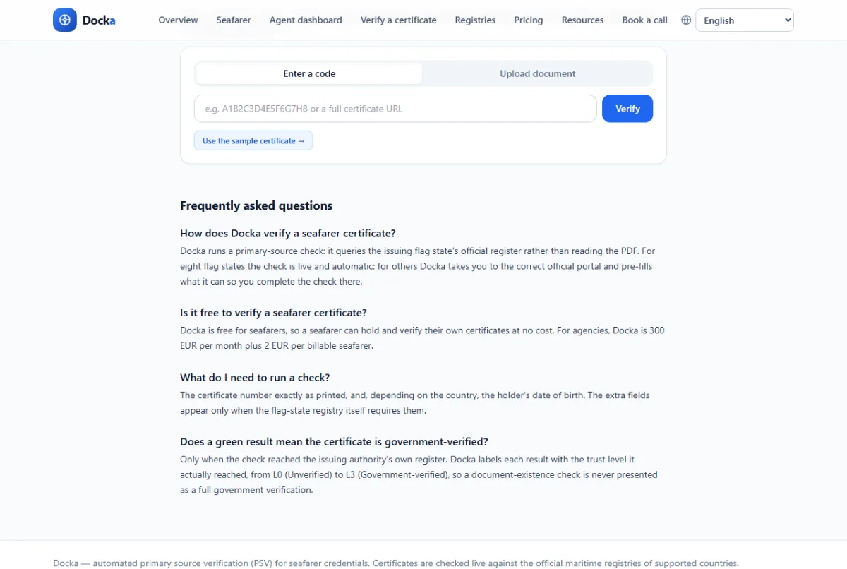 Docka's certificate verification tool showing the code-entry and document-upload options for checking a seafarer certificate against the issuing flag-state registry
